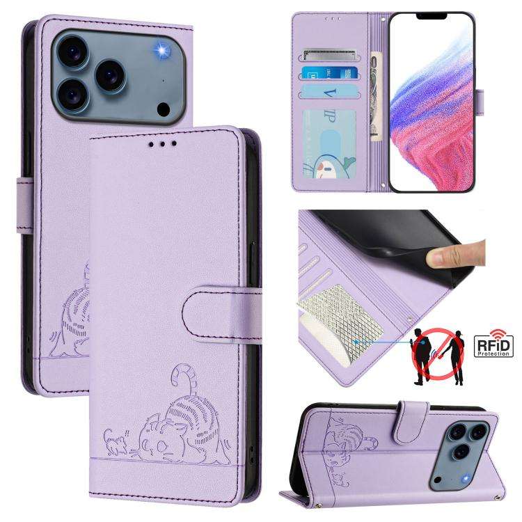 Cat Rat Embossed Pattern RFID Leather Phone Case with Lanyard, For iPhone 17 Pro Max, For iPhone ...