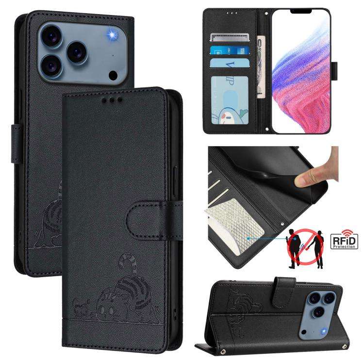Cat Rat Embossed Pattern RFID Leather Phone Case with Lanyard, For iPhone 17 Pro Max, For iPhone ...