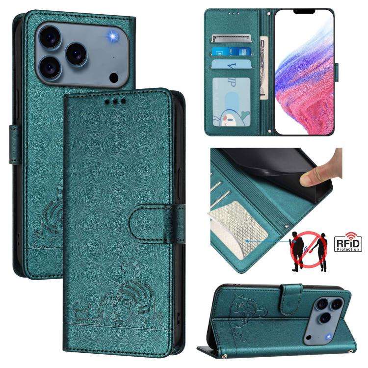 Cat Rat Embossed Pattern RFID Leather Phone Case with Lanyard, For iPhone 17 Pro Max, For iPhone ...