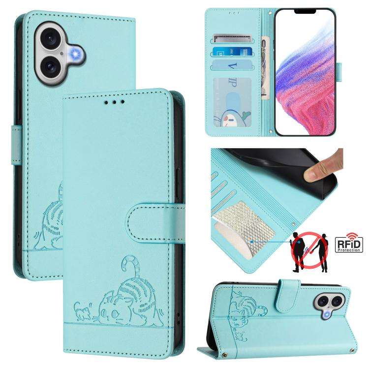Cat Rat Embossed Pattern RFID Leather Phone Case with Lanyard, For iPhone 17 Pro Max, For iPhone ...