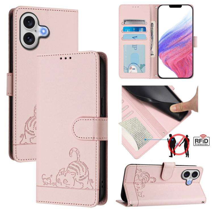 Cat Rat Embossed Pattern RFID Leather Phone Case with Lanyard, For iPhone 17 Pro Max, For iPhone ...