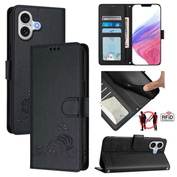 Cat Rat Embossed Pattern RFID Leather Phone Case with Lanyard, For iPhone 17 Pro Max, For iPhone ...