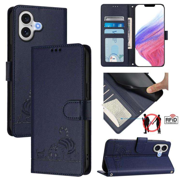 Cat Rat Embossed Pattern RFID Leather Phone Case with Lanyard, For iPhone 17 Pro Max, For iPhone ...