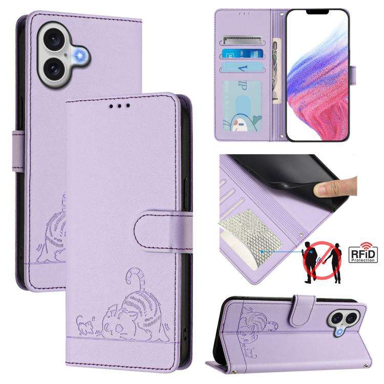Cat Rat Embossed Pattern RFID Leather Phone Case with Lanyard, For iPhone 17 Pro Max, For iPhone ...