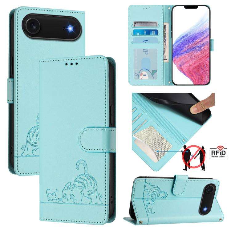 Cat Rat Embossed Pattern RFID Leather Phone Case with Lanyard, For iPhone 17 Pro Max, For iPhone ...