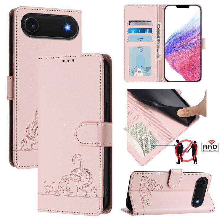 Cat Rat Embossed Pattern RFID Leather Phone Case with Lanyard, For iPhone 17 Pro Max, For iPhone ...