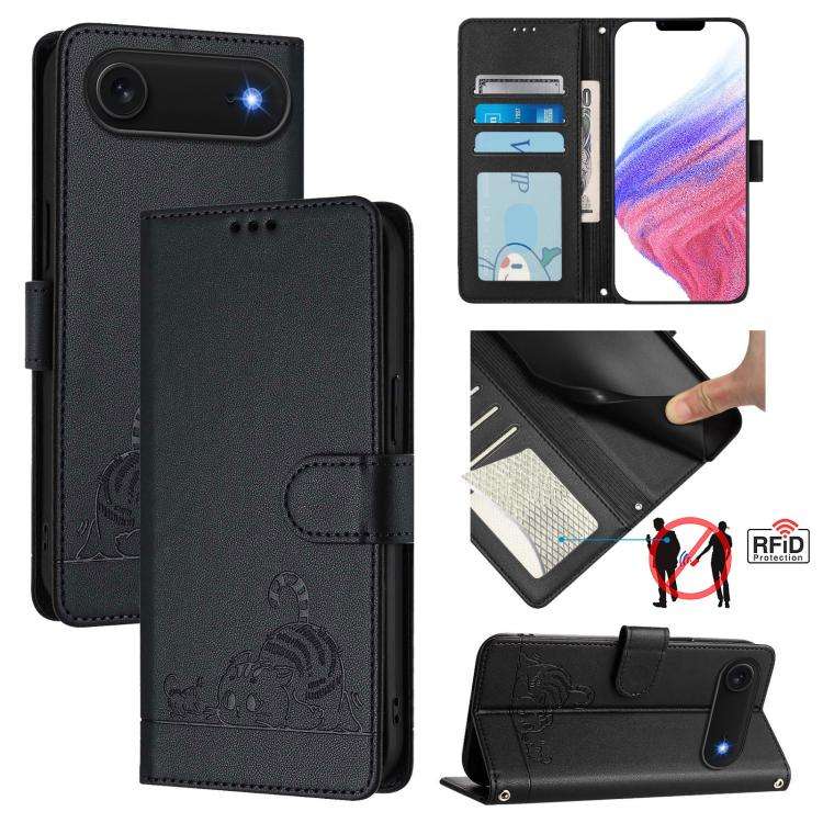 Cat Rat Embossed Pattern RFID Leather Phone Case with Lanyard, For iPhone 17 Pro Max, For iPhone ...