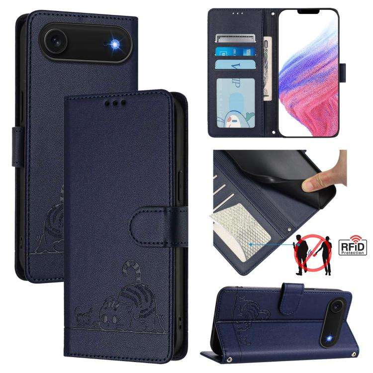 Cat Rat Embossed Pattern RFID Leather Phone Case with Lanyard, For iPhone 17 Pro Max, For iPhone ...