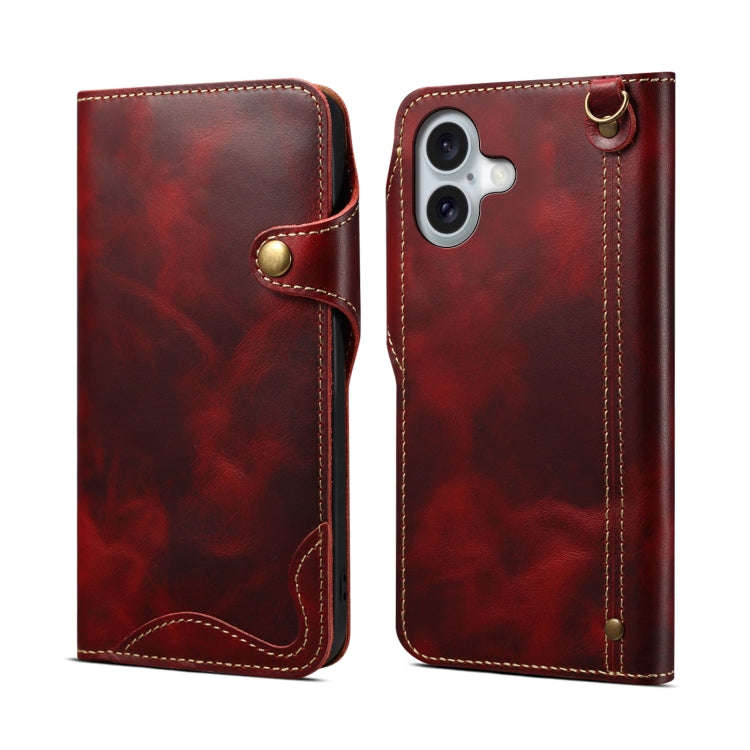 Denior B01 Oil Wax Cowhide Magnetic Button Genuine Leather Case, For iPhone 17e / 16e, For iPhone...