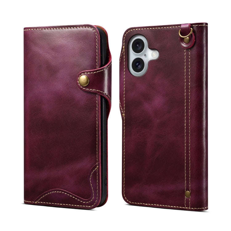 Denior B01 Oil Wax Cowhide Magnetic Button Genuine Leather Case, For iPhone 17e / 16e, For iPhone...