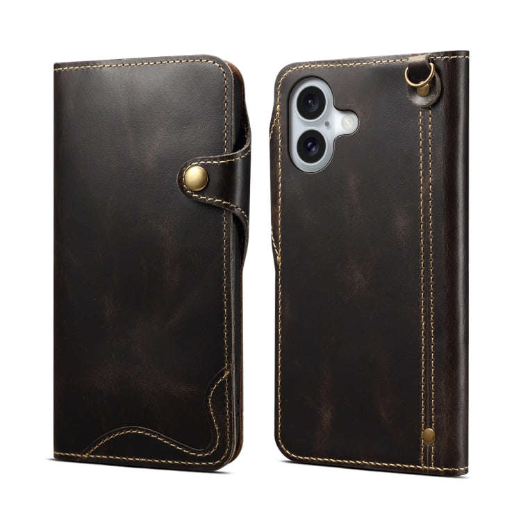 Denior B01 Oil Wax Cowhide Magnetic Button Genuine Leather Case, For iPhone 17e / 16e, For iPhone...