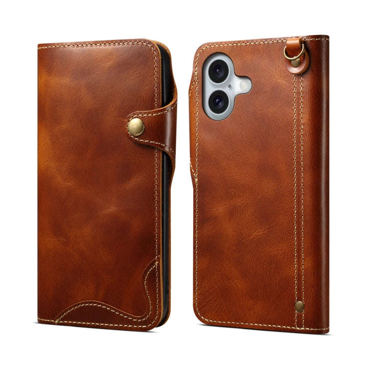 Denior B01 Oil Wax Cowhide Magnetic Button Genuine Leather Case, For iPhone 17e / 16e, For iPhone...