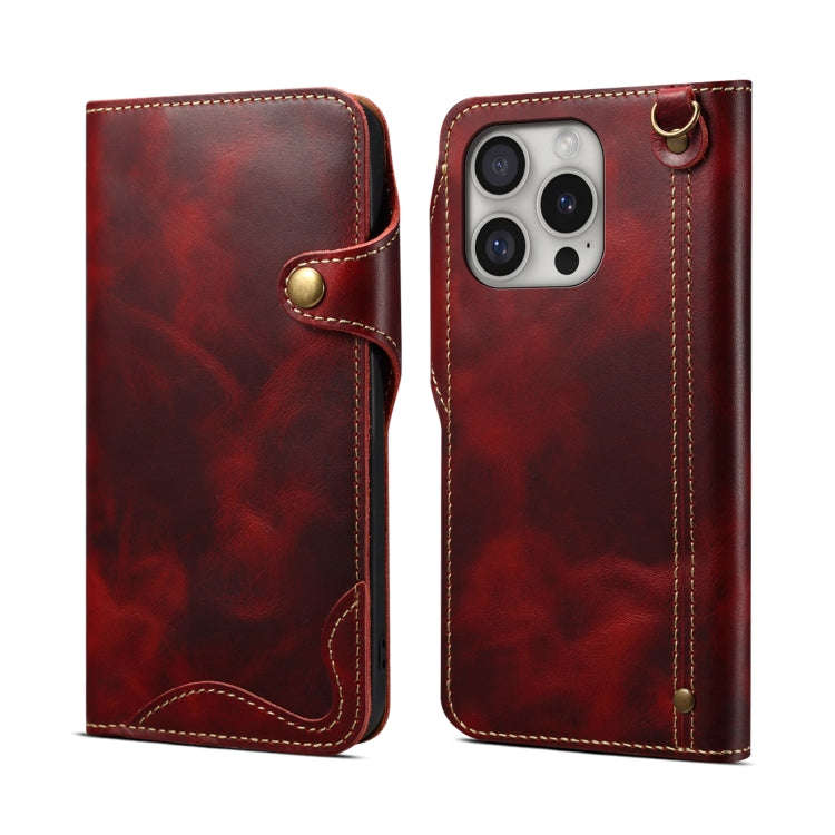 Denior B01 Oil Wax Cowhide Magnetic Button Genuine Leather Case, For iPhone 17e / 16e, For iPhone...