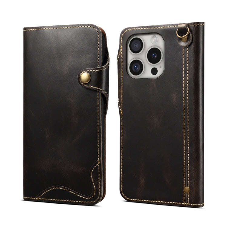 Denior B01 Oil Wax Cowhide Magnetic Button Genuine Leather Case, For iPhone 17e / 16e, For iPhone...