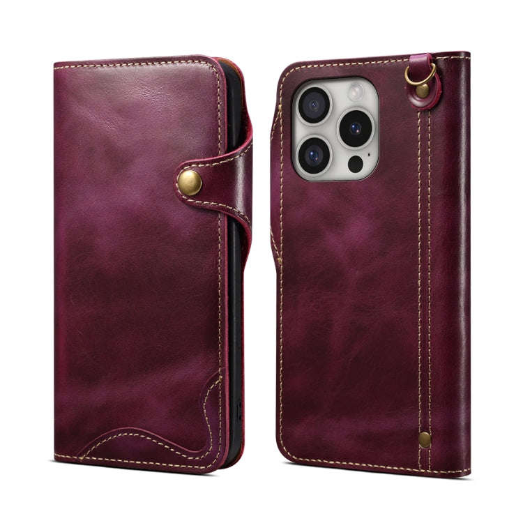 Denior B01 Oil Wax Cowhide Magnetic Button Genuine Leather Case, For iPhone 17e / 16e, For iPhone...