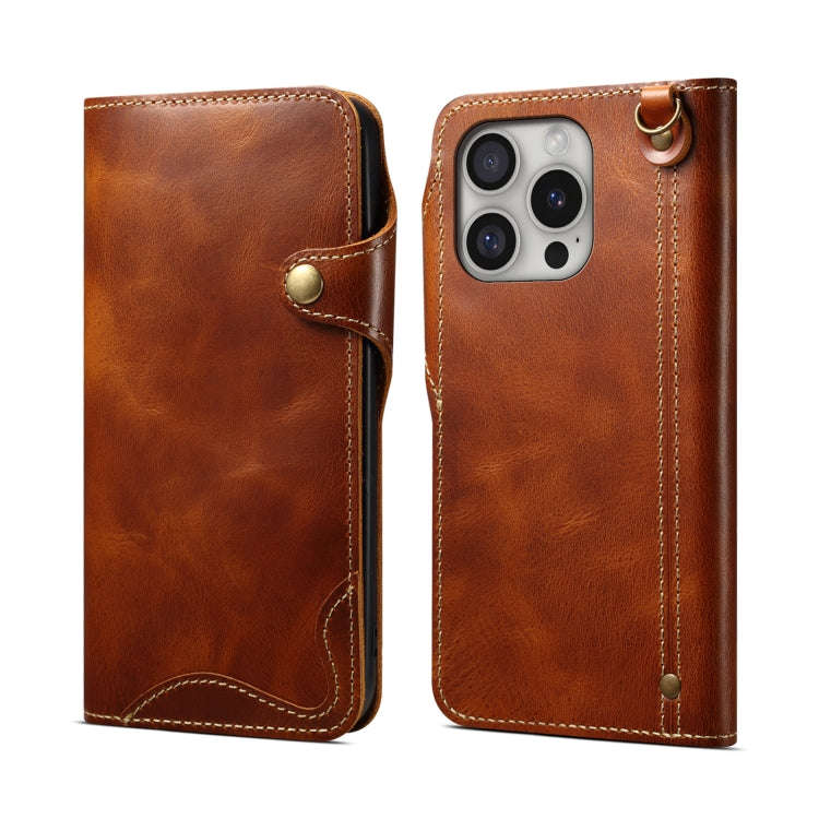 Denior B01 Oil Wax Cowhide Magnetic Button Genuine Leather Case, For iPhone 17e / 16e, For iPhone...