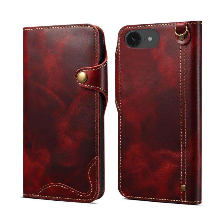 Denior B01 Oil Wax Cowhide Magnetic Button Genuine Leather Case, For iPhone 17e / 16e, For iPhone...