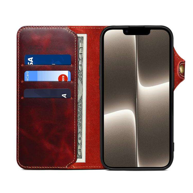Denior B01 Oil Wax Cowhide Magnetic Button Genuine Leather Case, For iPhone 17e / 16e, For iPhone...