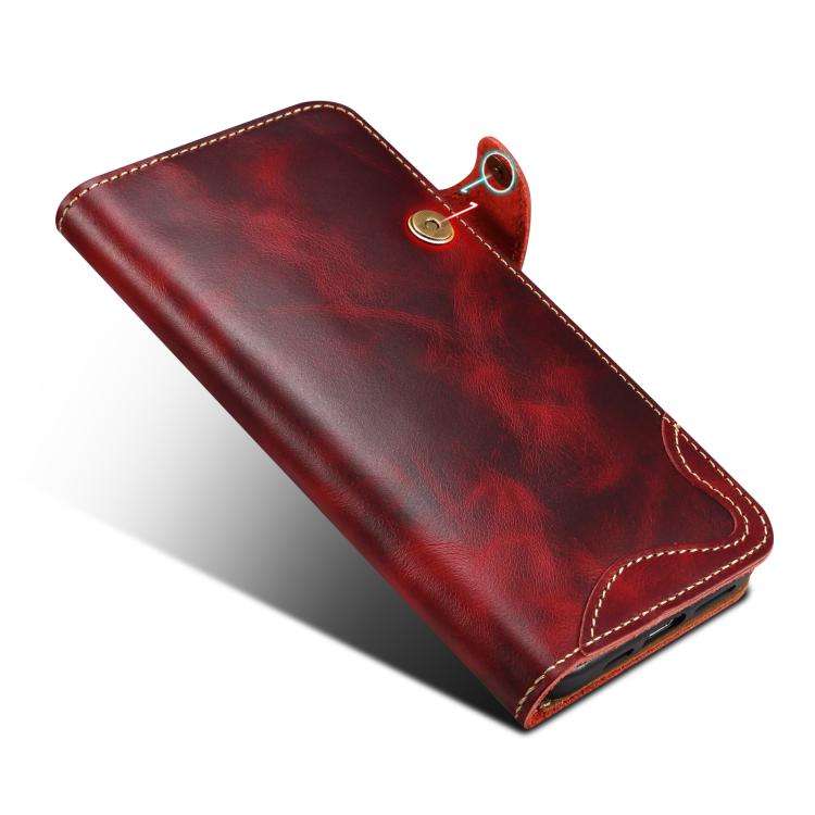 Denior B01 Oil Wax Cowhide Magnetic Button Genuine Leather Case, For iPhone 17e / 16e, For iPhone...