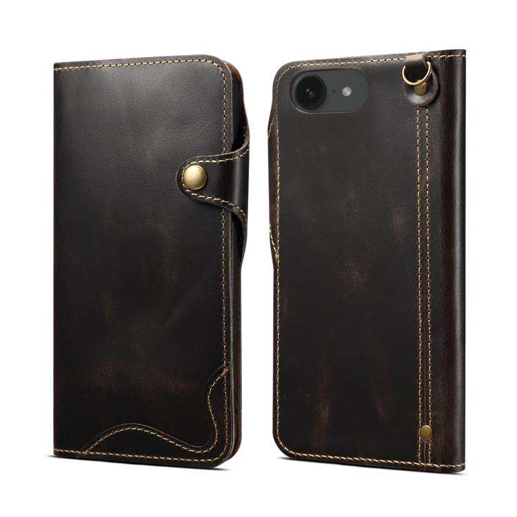 Denior B01 Oil Wax Cowhide Magnetic Button Genuine Leather Case, For iPhone 17e / 16e, For iPhone...
