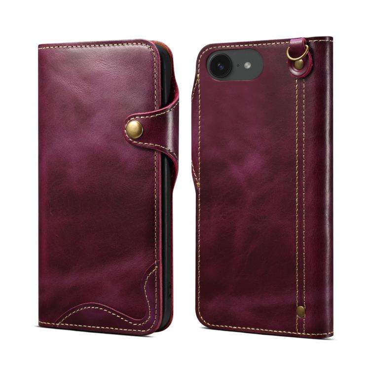 Denior B01 Oil Wax Cowhide Magnetic Button Genuine Leather Case, For iPhone 17e / 16e, For iPhone...