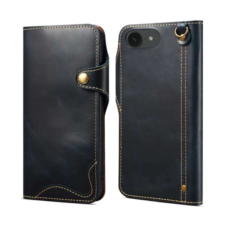 Denior B01 Oil Wax Cowhide Magnetic Button Genuine Leather Case, For iPhone 17e / 16e, For iPhone...