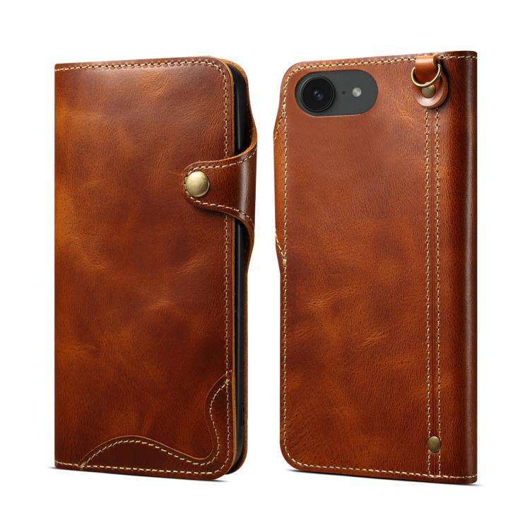 Denior B01 Oil Wax Cowhide Magnetic Button Genuine Leather Case, For iPhone 17e / 16e, For iPhone...