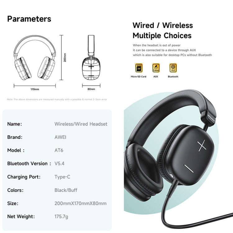 awei AT6 Wireless Bluetooth V5.4 Hi-Fi Stereo Headphones