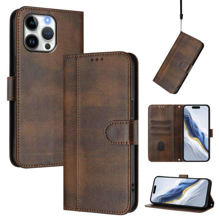Line Splicing Buckle Retro Leather Phone Case, For iPhone 16 Pro, For iPhone 16 Plus, For iPhone ...