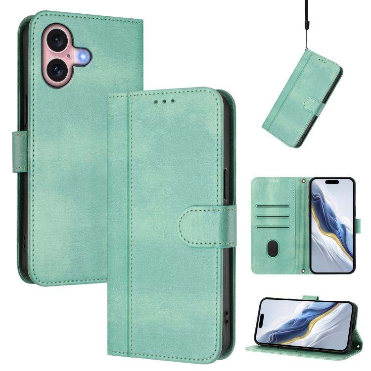 Line Splicing Buckle Retro Leather Phone Case, For iPhone 16 Pro, For iPhone 16 Plus, For iPhone ...