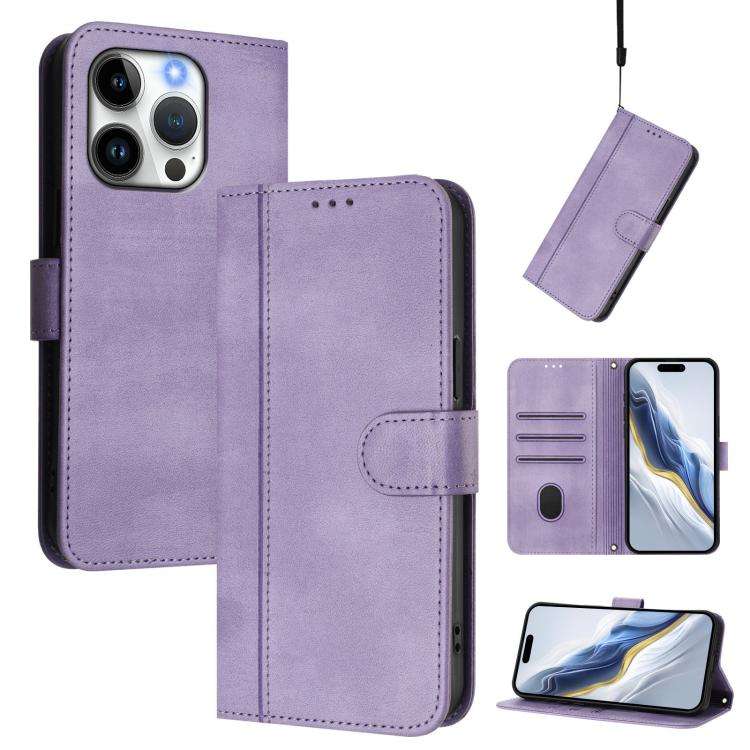 Line Splicing Buckle Retro Leather Phone Case, For iPhone 16 Pro, For iPhone 16 Plus, For iPhone ...