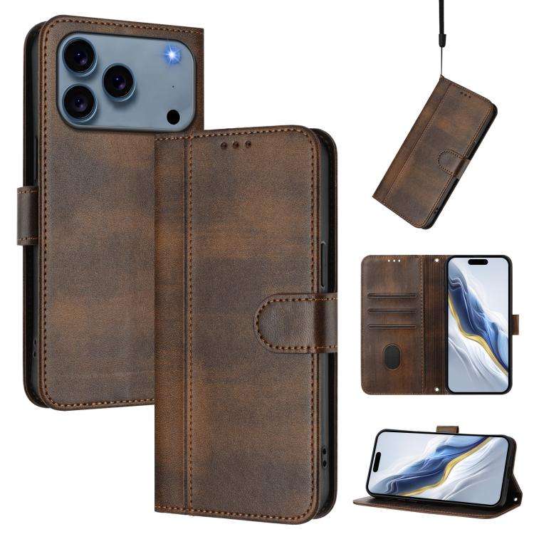 Line Splicing Buckle Retro Leather Phone Case, For iPhone 18 Pro / 17 Pro, For iPhone 18 Pro Max ...