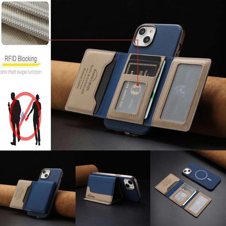 Colour Matching Horizontal Magnetic Card Bag RFID MagSafe Phone Case, For iPhone 14 Plus, For iPh...