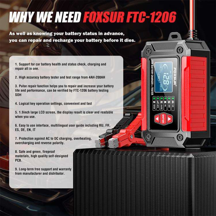 FOXSUR FTC-1206 2 in 1 12V Charging Tester Integrated Machine Car Motorcycle Battery Charger Test...