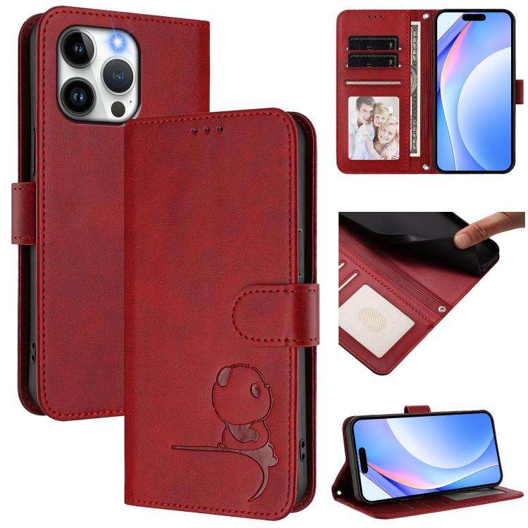 Litter Panda Embossing RFID Leather Phone Case with Lanyard, For iPhone 16, For iPhone 15 Pro Max...