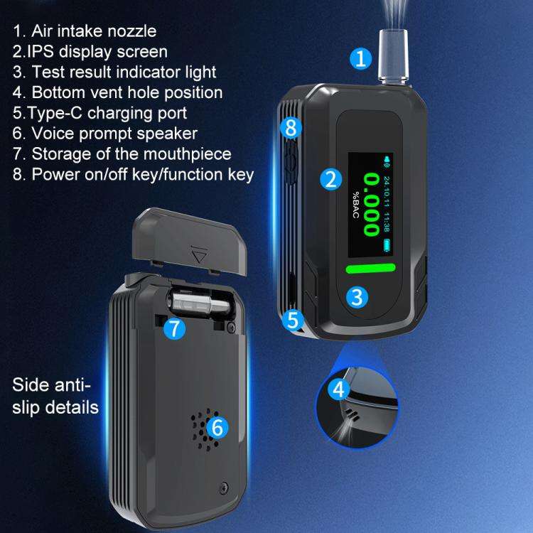 D2000 HD IPS Screen Portable Blow-Type High-Precision Alcohol Content Tester, D2000