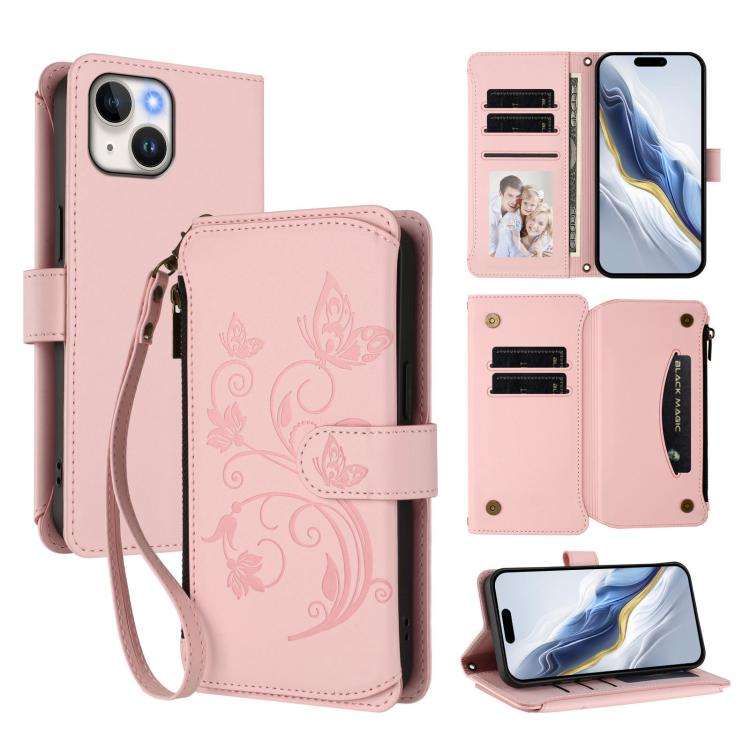 Butterfly Love Flower Multi-card Zipper Wallet Leather Phone Case, For iPhone 16 Pro, For iPhone ...
