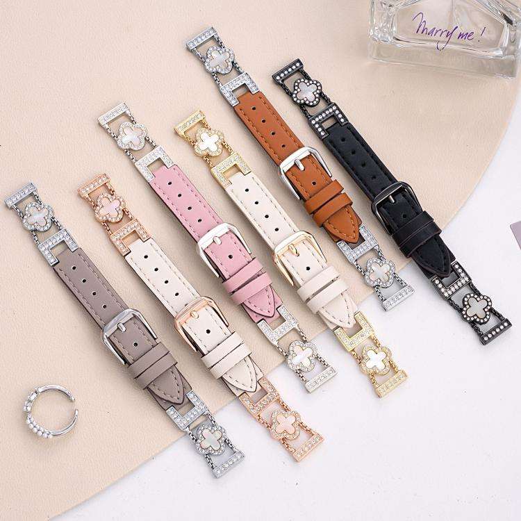 xDfind Four-leaf Clover Metal Hybrid Leather Watch Band, 14mm