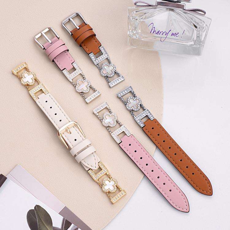 xDfind Four-leaf Clover Metal Hybrid Leather Watch Band, 14mm