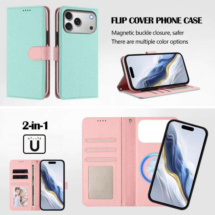 Detachable Litchi Texture Magnetic Side-Patch Vegan Leather Phone Case, For iPhone 17 Pro Max, Fo...