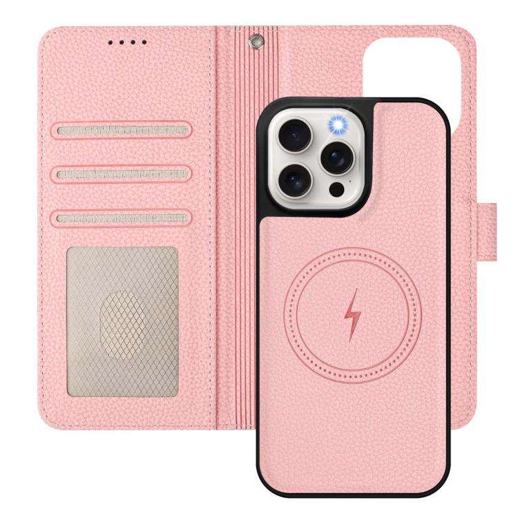 Detachable Litchi Texture Magnetic Side-Patch Vegan Leather Phone Case, For iPhone 15 Pro Max, Fo...