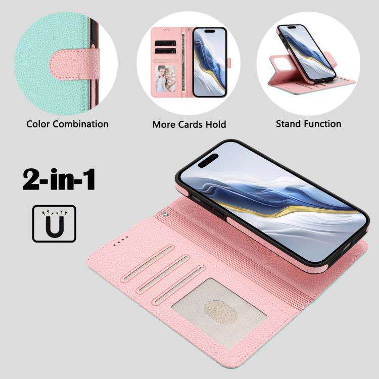 Detachable Litchi Texture Magnetic Side-Patch Vegan Leather Phone Case, For iPhone 15 Pro Max, Fo...