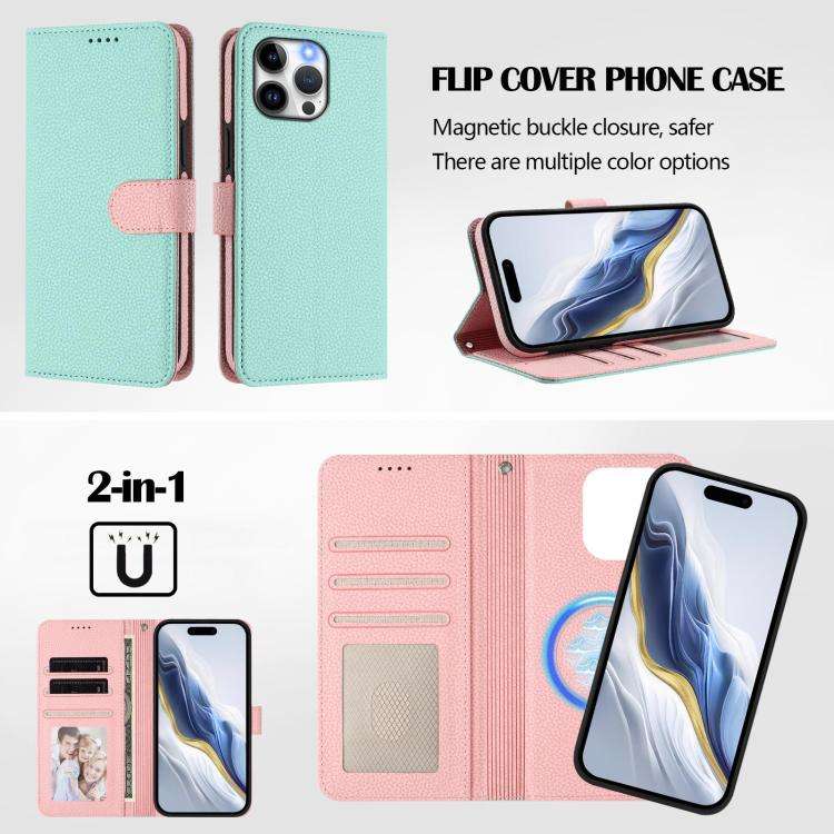 Detachable Litchi Texture Magnetic Side-Patch Vegan Leather Phone Case, For iPhone 15 Pro Max, Fo...