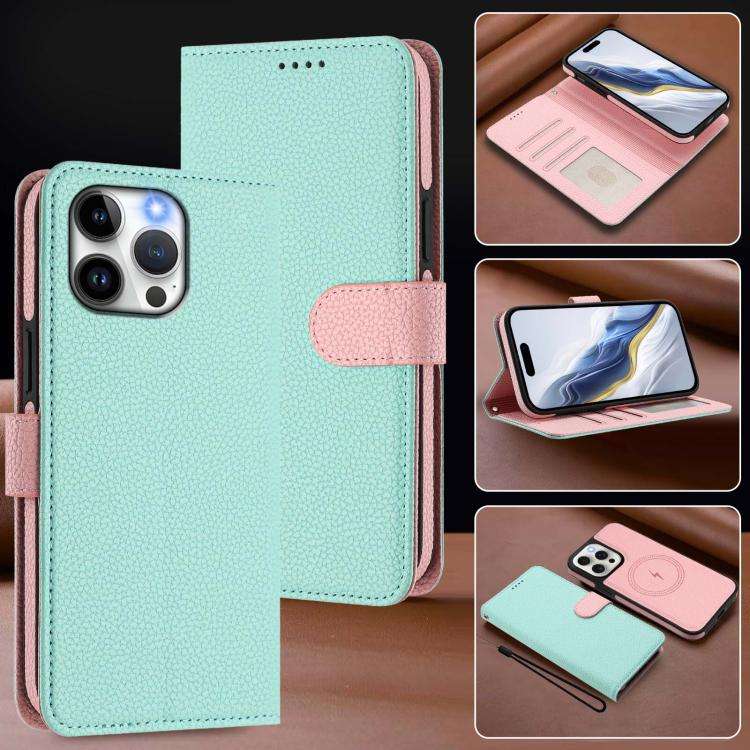 Detachable Litchi Texture Magnetic Side-Patch Vegan Leather Phone Case, For iPhone 15 Pro Max, Fo...