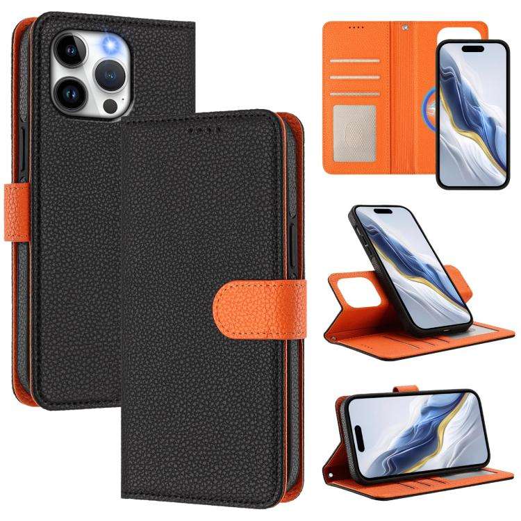 Detachable Litchi Texture Magnetic Side-Patch Vegan Leather Phone Case, For iPhone 15 Pro Max, Fo...