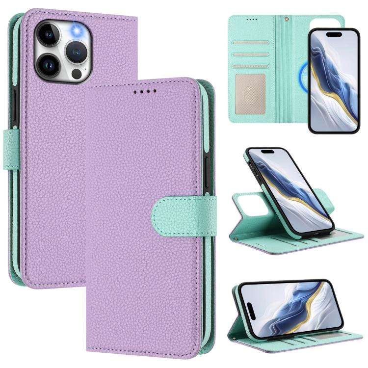 Detachable Litchi Texture Magnetic Side-Patch Vegan Leather Phone Case, For iPhone 15 Pro Max, Fo...