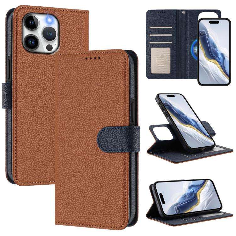 Detachable Litchi Texture Magnetic Side-Patch Vegan Leather Phone Case, For iPhone 15 Pro Max, Fo...