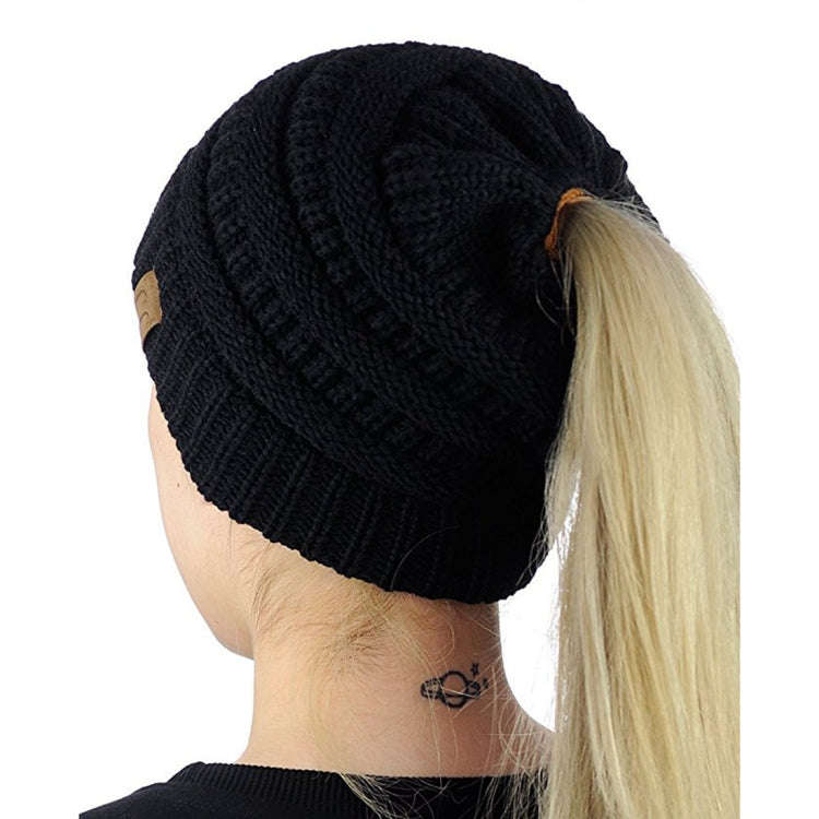 CC Letter Ponytail Cap Knitting Hat for Ladies, Black, Grey, Magenta, Black+Grey, Red, Baby Blue,...