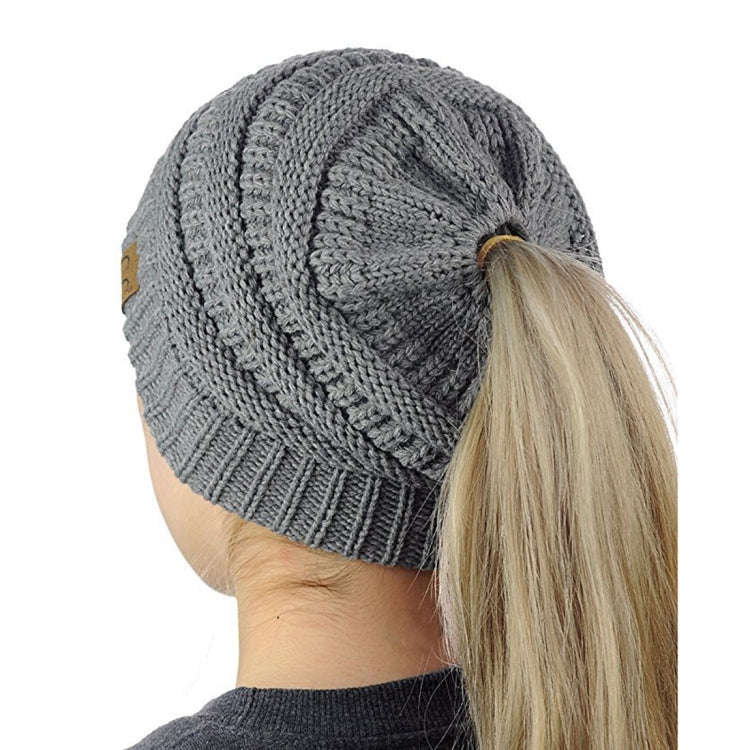CC Letter Ponytail Cap Knitting Hat for Ladies, Black, Grey, Magenta, Black+Grey, Red, Baby Blue,...
