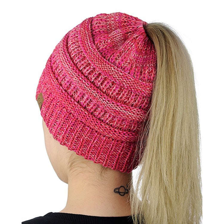 CC Letter Ponytail Cap Knitting Hat for Ladies, Black, Grey, Magenta, Black+Grey, Red, Baby Blue,...